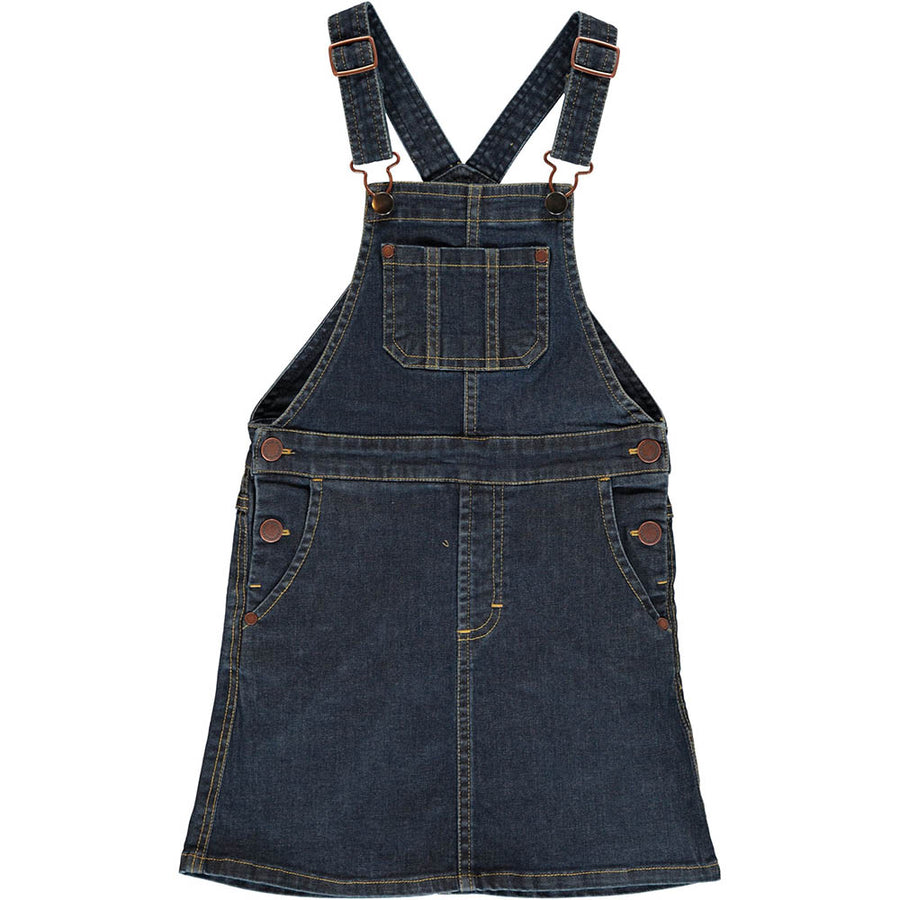 Maxomorra childrens eco-friendly dark medium wash denim pinafore dress on a white background