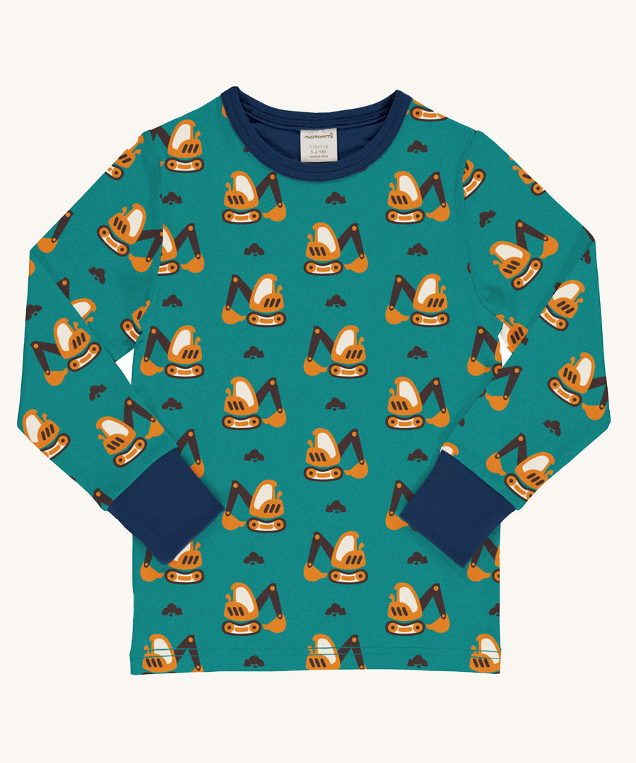 Maxomorra Excavator Long Sleeve Top on a plain background. The yellow excavator all over print is on a jade green background with navy blue wrist cuffs and collar binding. 