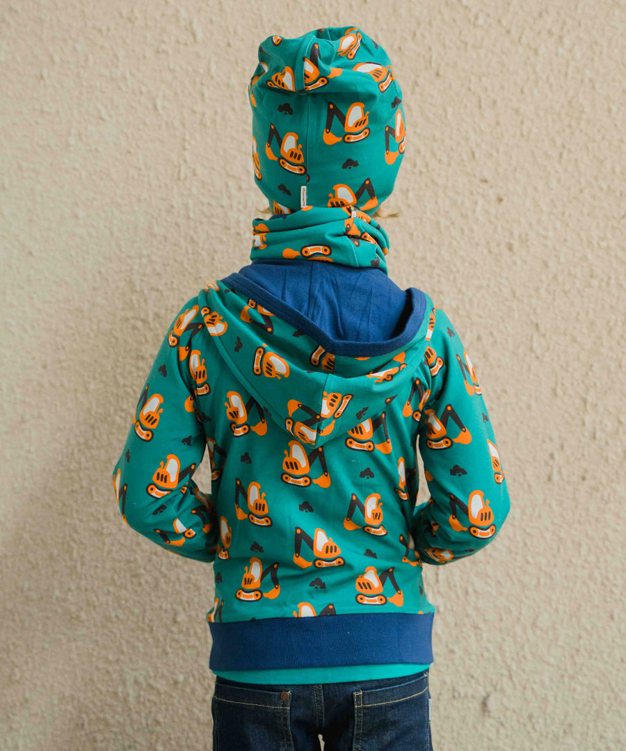 A child wearing a Maxomorra excavator print hooded cardigan with matching snood. The child is facing away from the camera. 