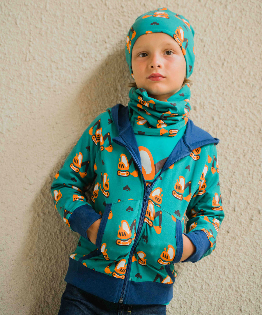 A child wearing a Maxomorra excavator print hooded cardigan with matching snood.