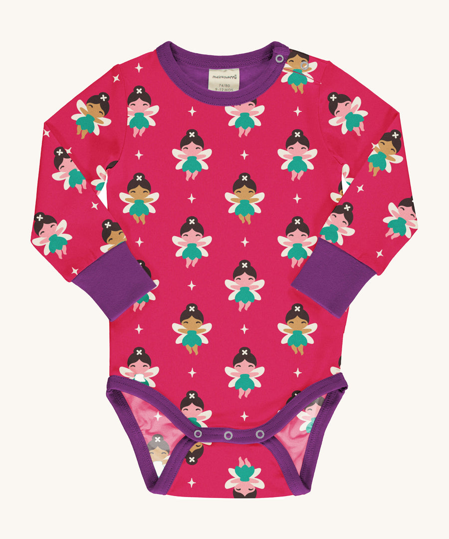 An organic cotton Maxomorra baby bodysuit featuring a fairy print design on a hot pink background with contrasting purple sleeve trims and binding.