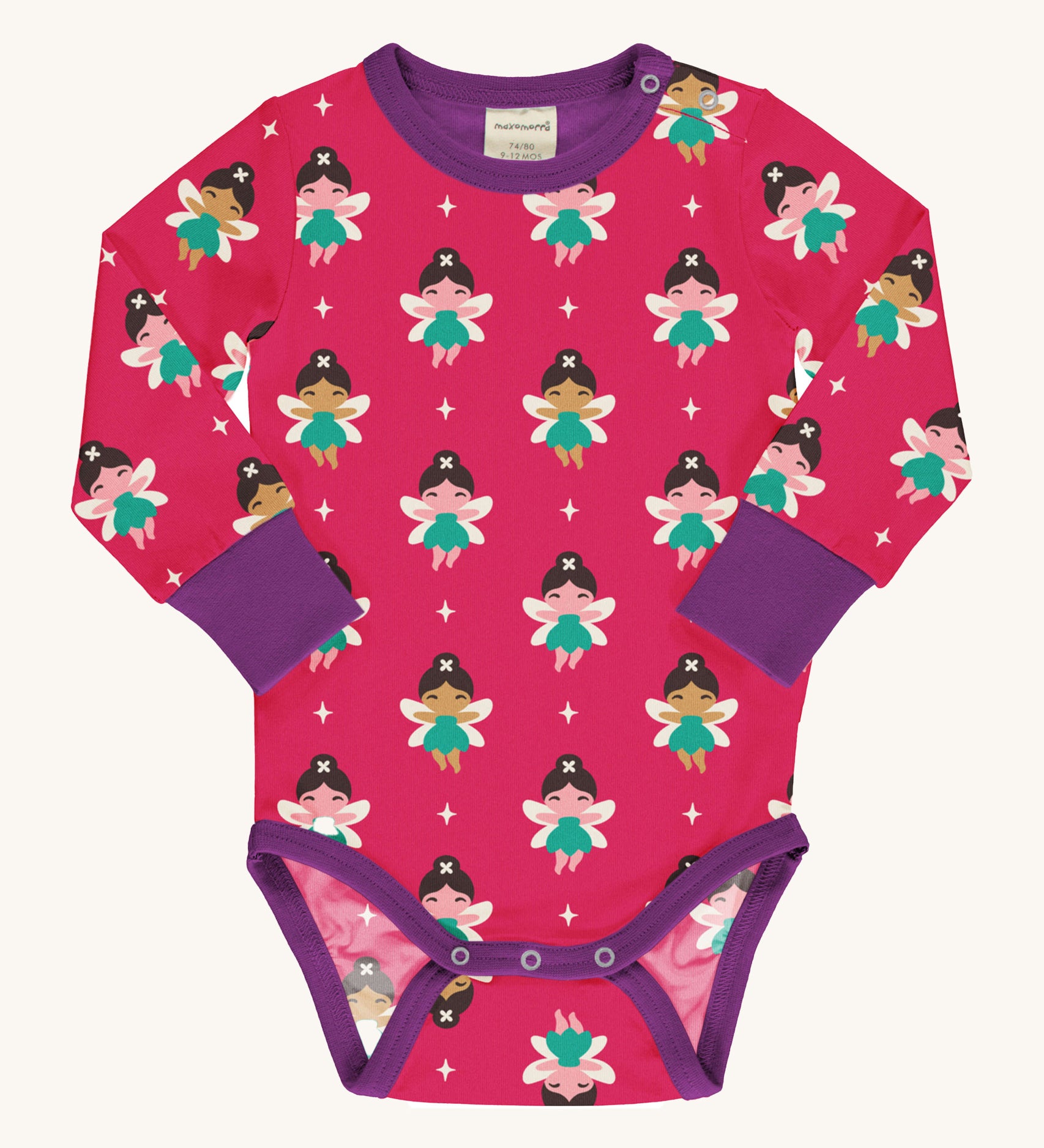 An organic cotton Maxomorra baby bodysuit featuring a fairy print design on a hot pink background with contrasting purple sleeve trims and binding.