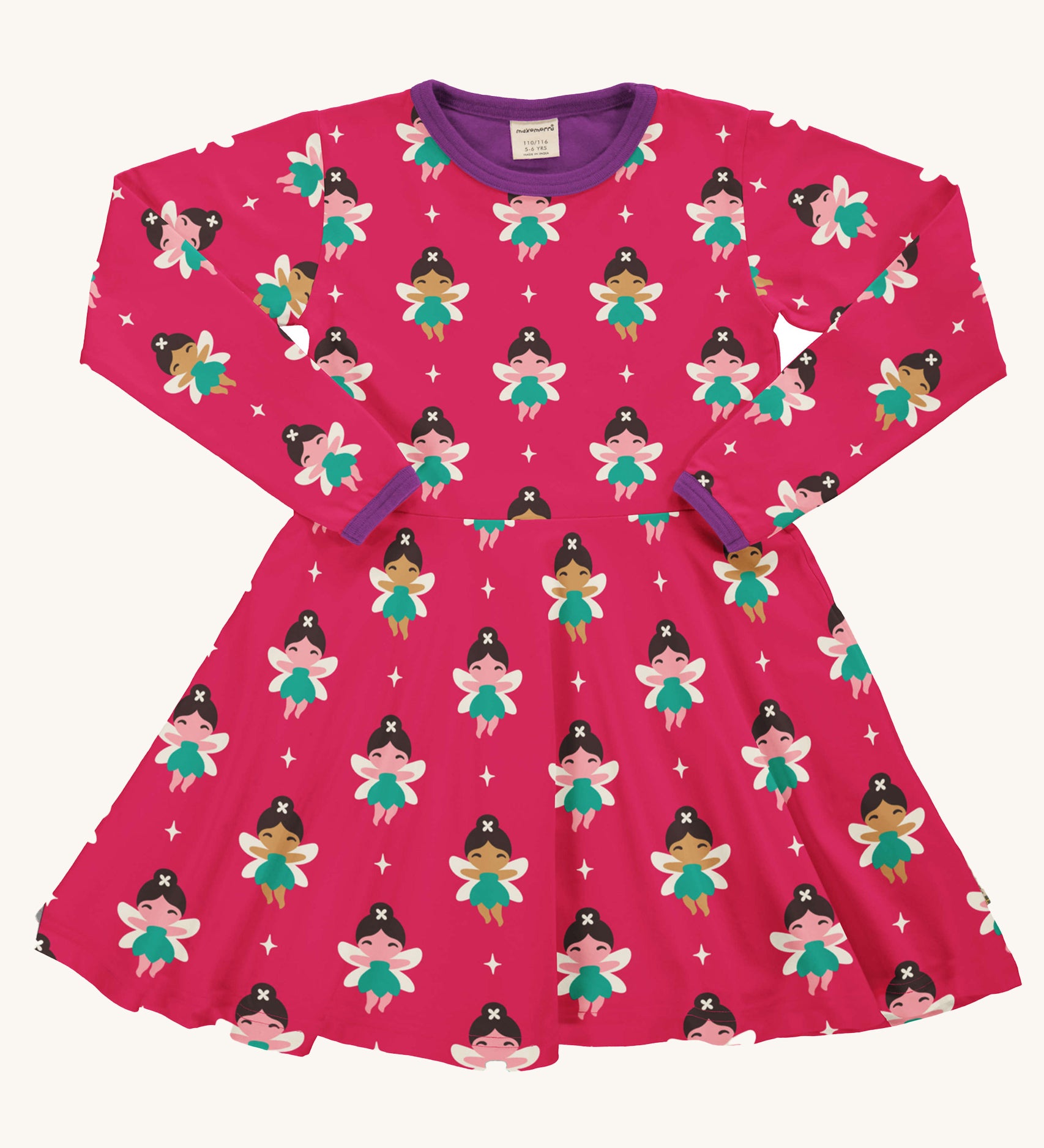 Maxomorra Fairy Long Sleeve Circle Dress on a plain background. The dress features an all over fairy print on a hot pink colour background with contracting purple coloured collar and sleeve binding trims.