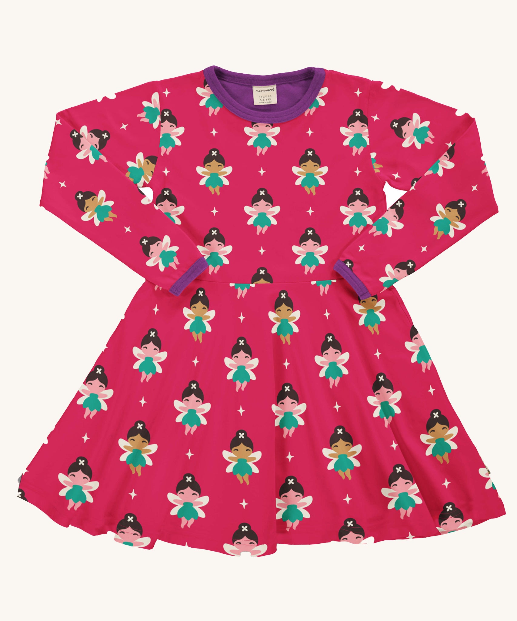 Maxomorra Fairy Long Sleeve Circle Dress on a plain background. The dress features an all over fairy print on a hot pink colour background with contracting purple coloured collar and sleeve binding trims.