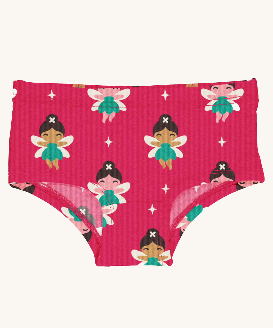 Maxomorra Fairy kids Hipster Briefs. A fairy print on a hot pink colour background. 