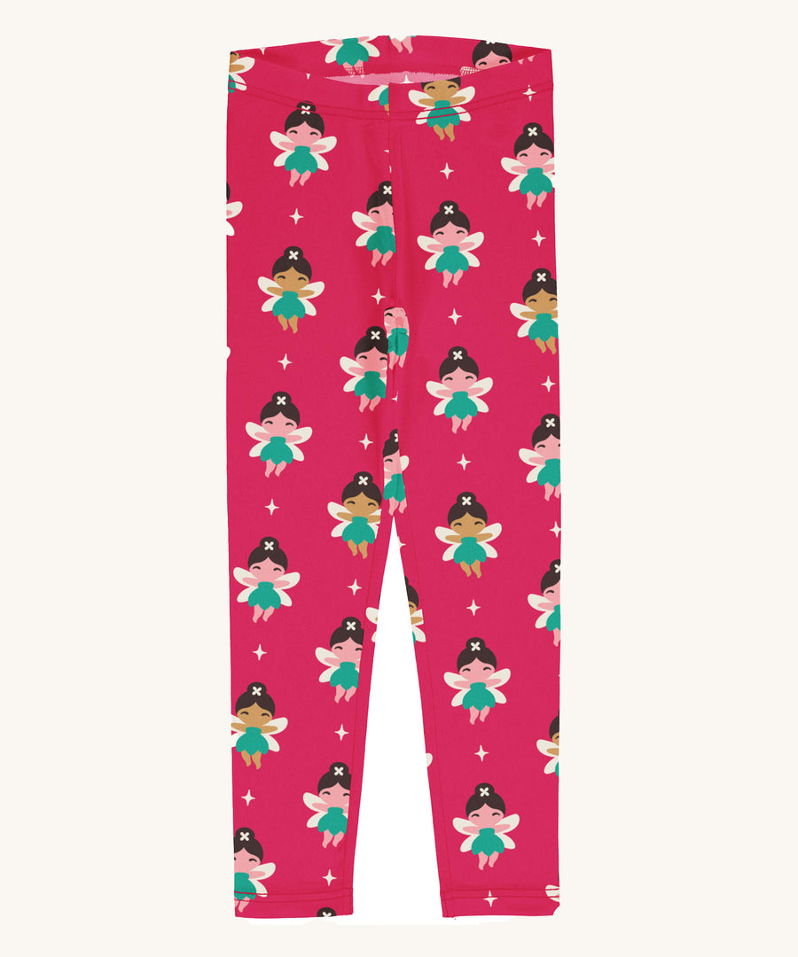 Maxomorra Fairy Leggings on a plain background. An all over fun fairy print on a hot pink background. 