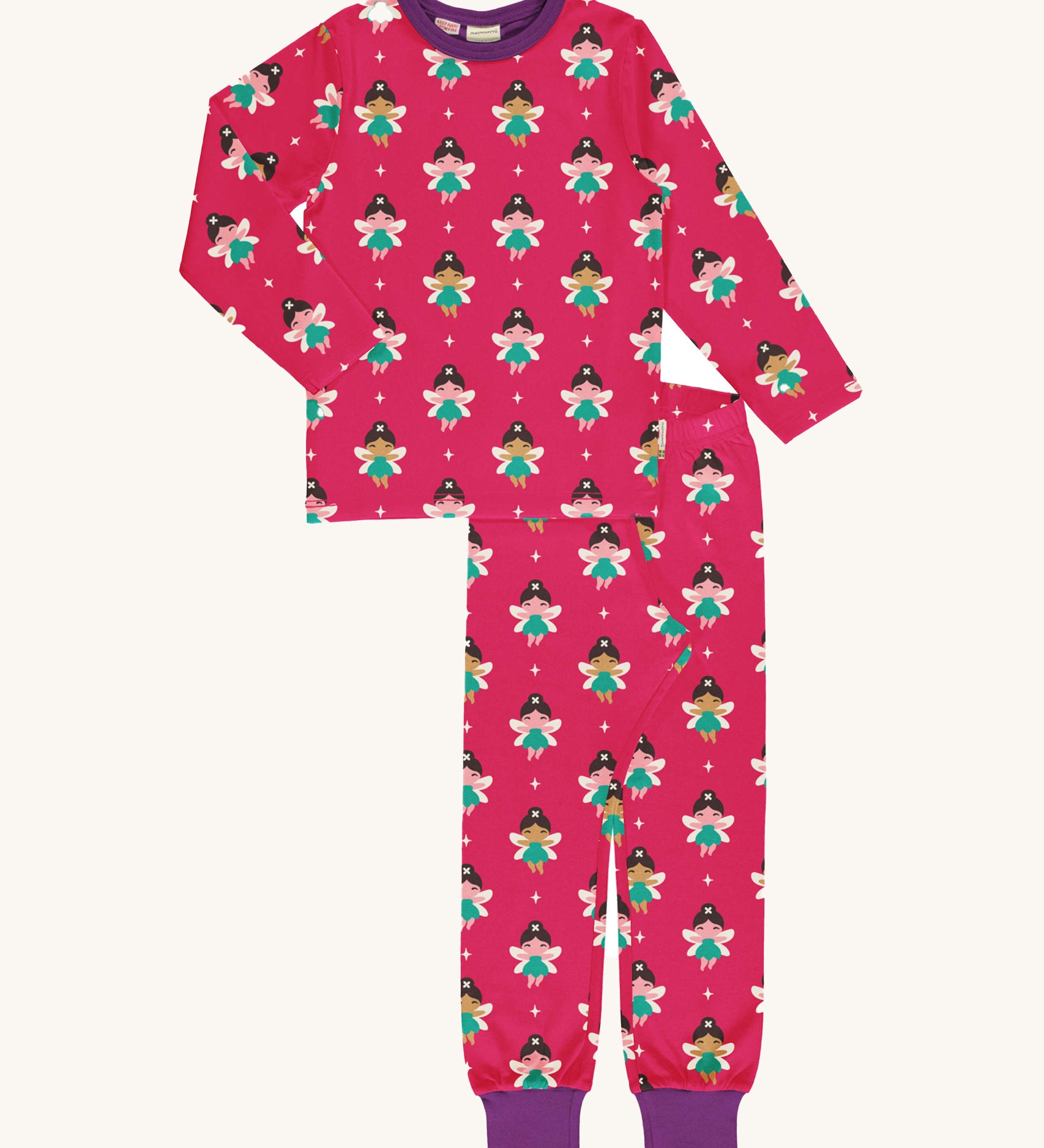 Maxomorra Fairy Long Sleeve Pyjama Set on a plain background. A funall over fairy print on a hot pink background with contrasting purple leg cuffs and collar binding.