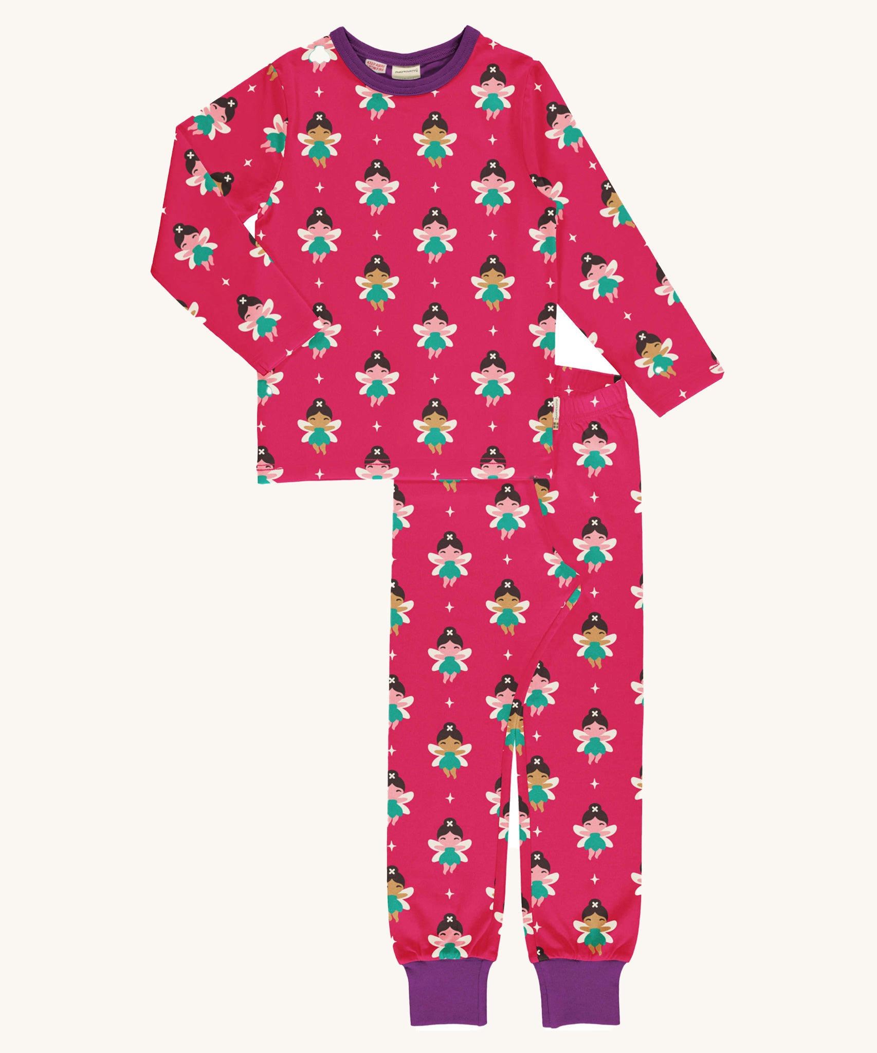 Maxomorra Fairy Long Sleeve Pyjama Set on a plain background. A funall over fairy print on a hot pink background with contrasting purple leg cuffs and collar binding.