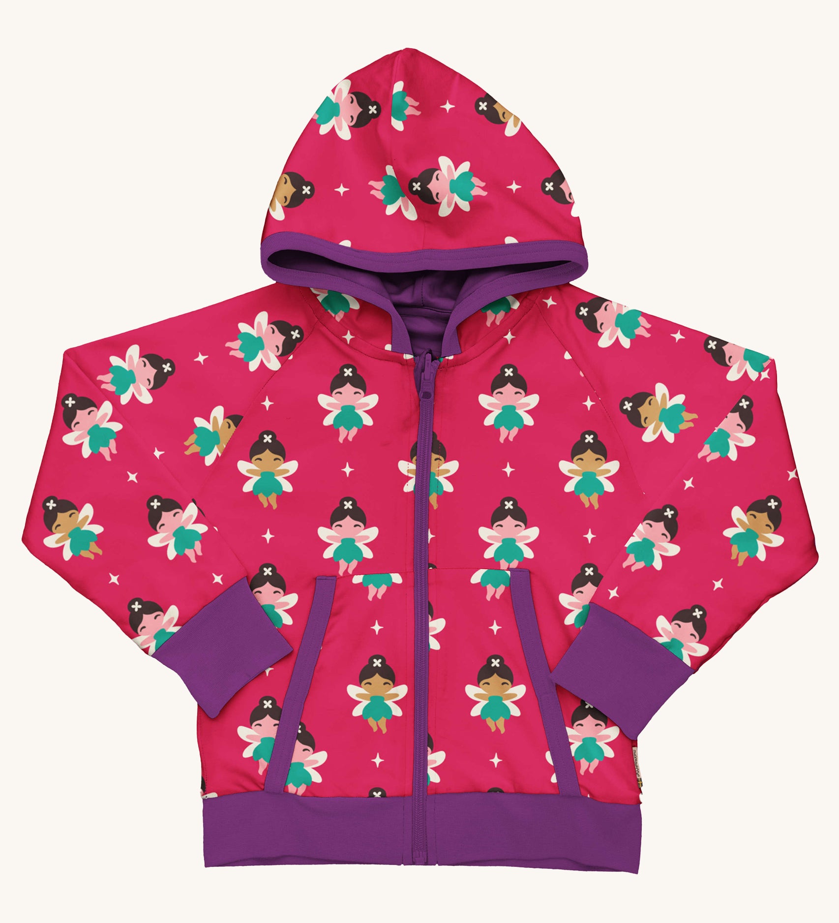 Maxomorra Fairy Reversible Zip Hoodie on a plain background. This hooded zipped cardigan has an all over fairy print on a hot pink background with contrasting purple sleeve trims and hood, zip and pocket bindings.