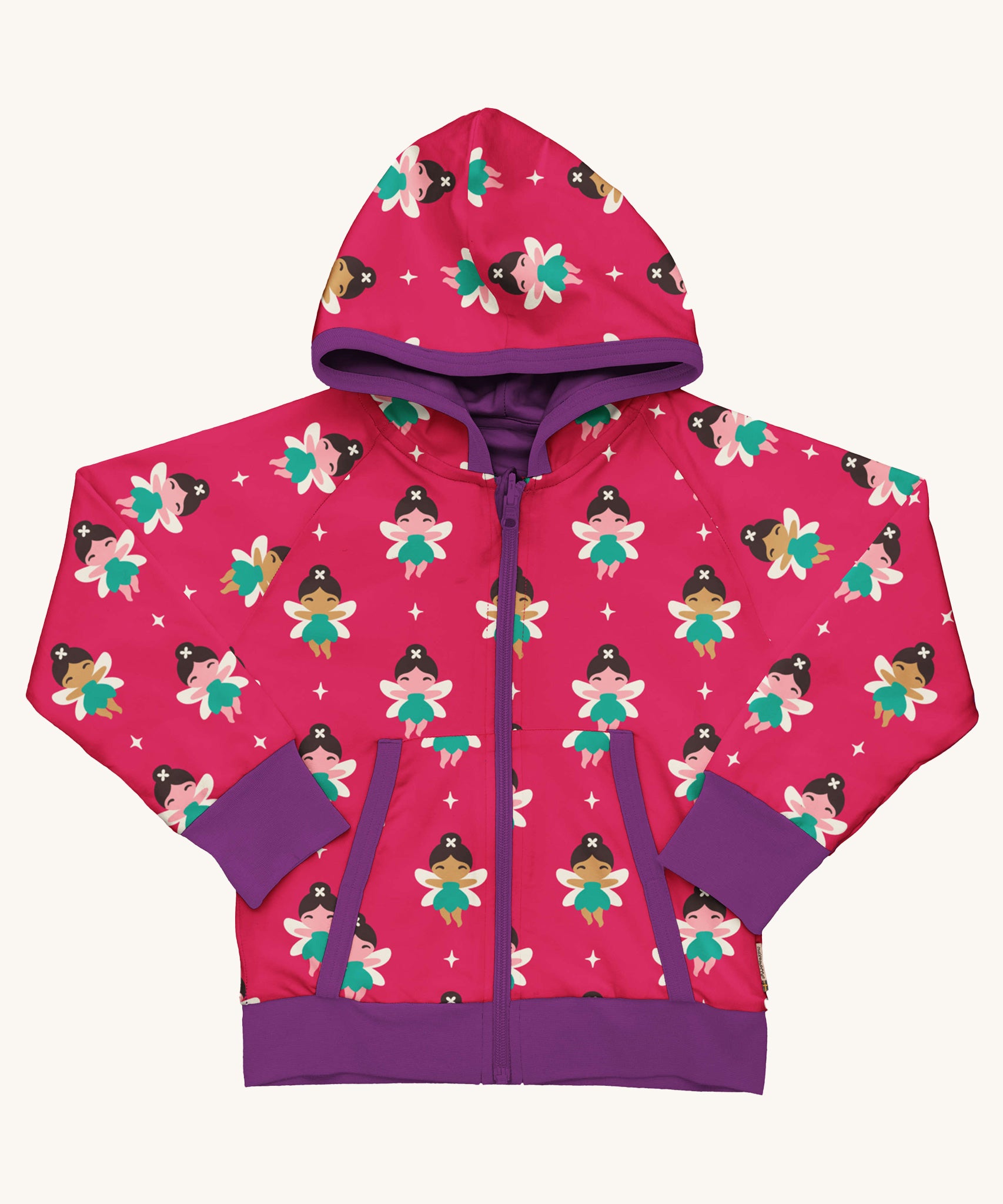 Maxomorra Fairy Reversible Zip Hoodie on a plain background. This hooded zipped cardigan has an all over fairy print on a hot pink background with contrasting purple sleeve trims and hood, zip and pocket bindings.