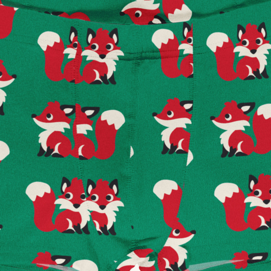 Maxomorra- Kids fox motif boxer shorts on a plain background.