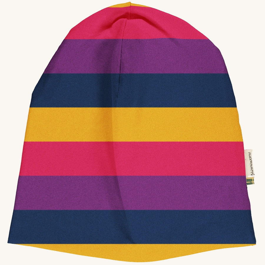 Maxomorra- Kid's purple stripes sweat hat on a plain background.