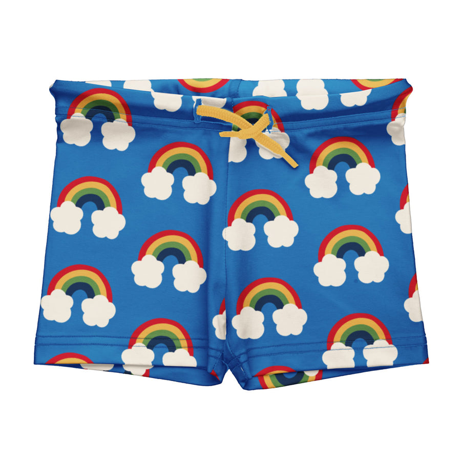 Maxomorra Rainbow print Swim Trunks with yellow coloured waist tie pictured on a plain white background