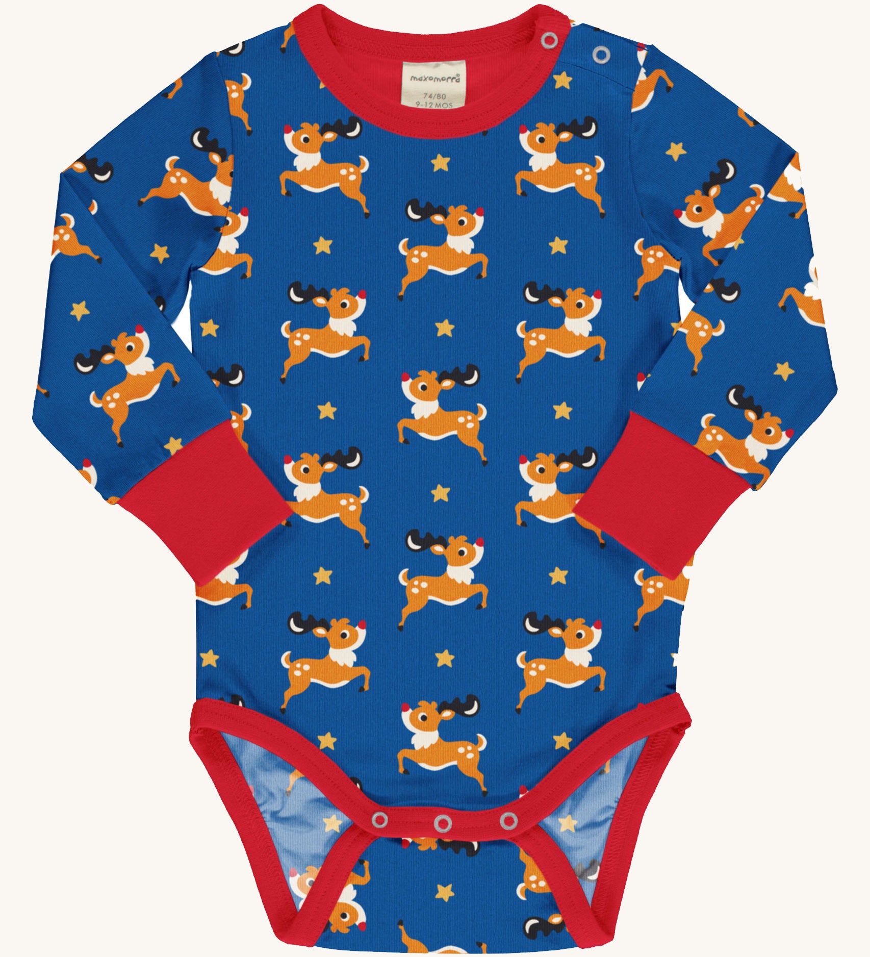 Maxomorra Reindeer Long Sleeve Bodysuit baby vest on a plain background. 