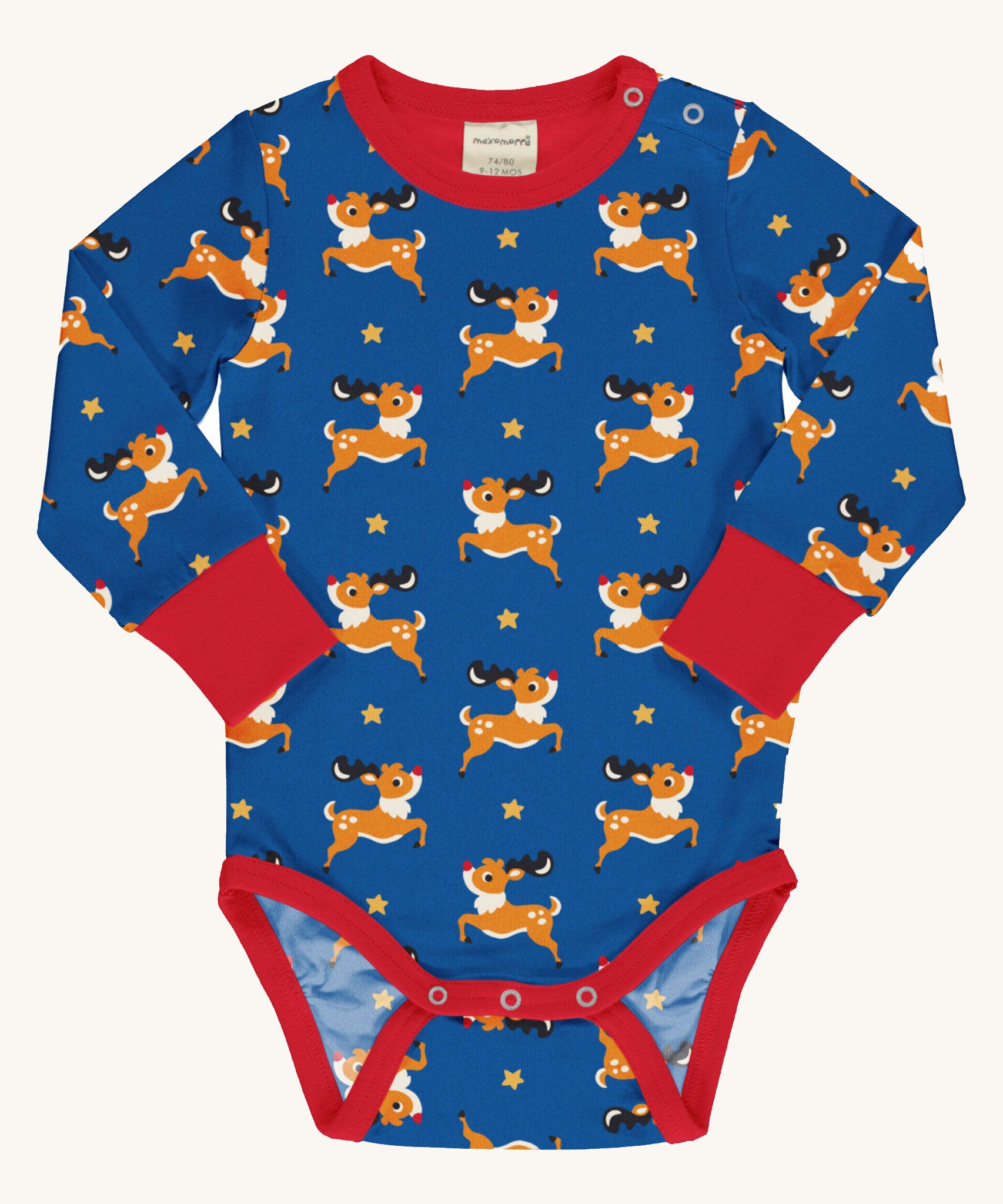 Maxomorra Reindeer Long Sleeve Bodysuit baby vest on a plain background. 