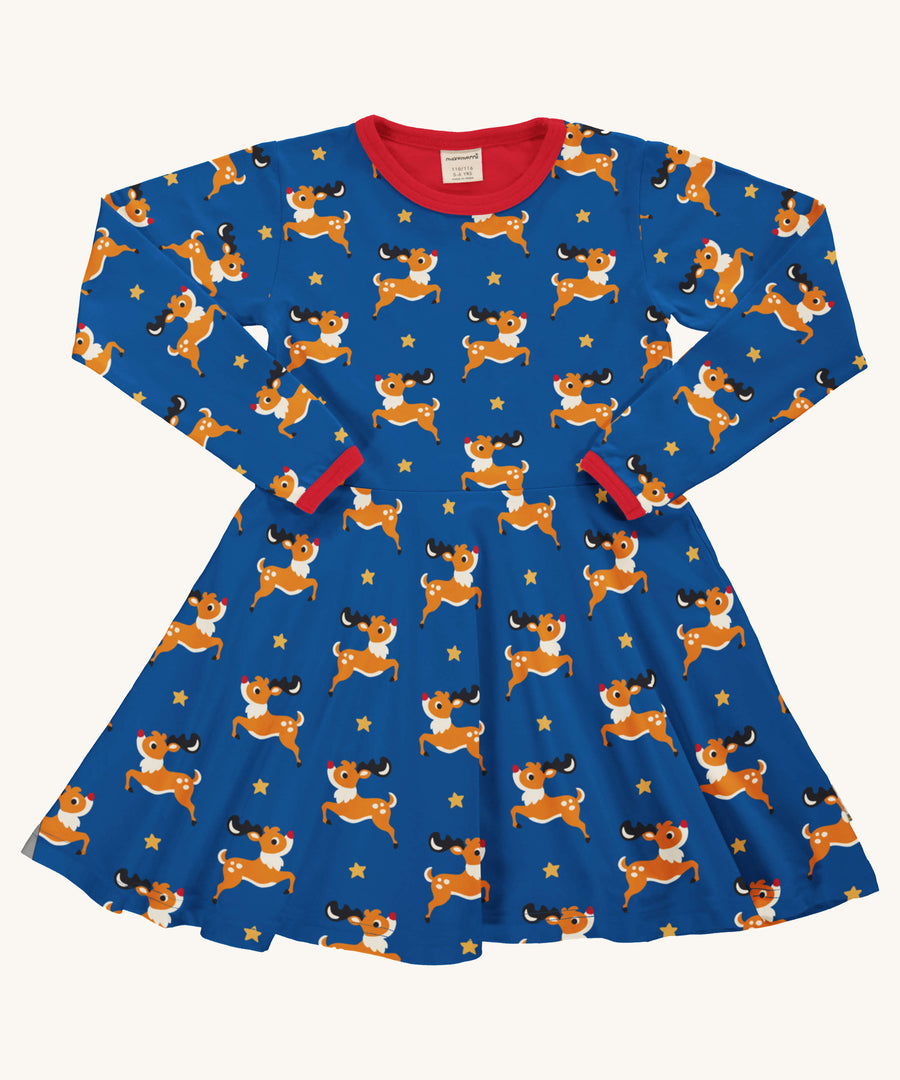 Maxomorra Reindeer Long Sleeve Circle Dress on a plain background.