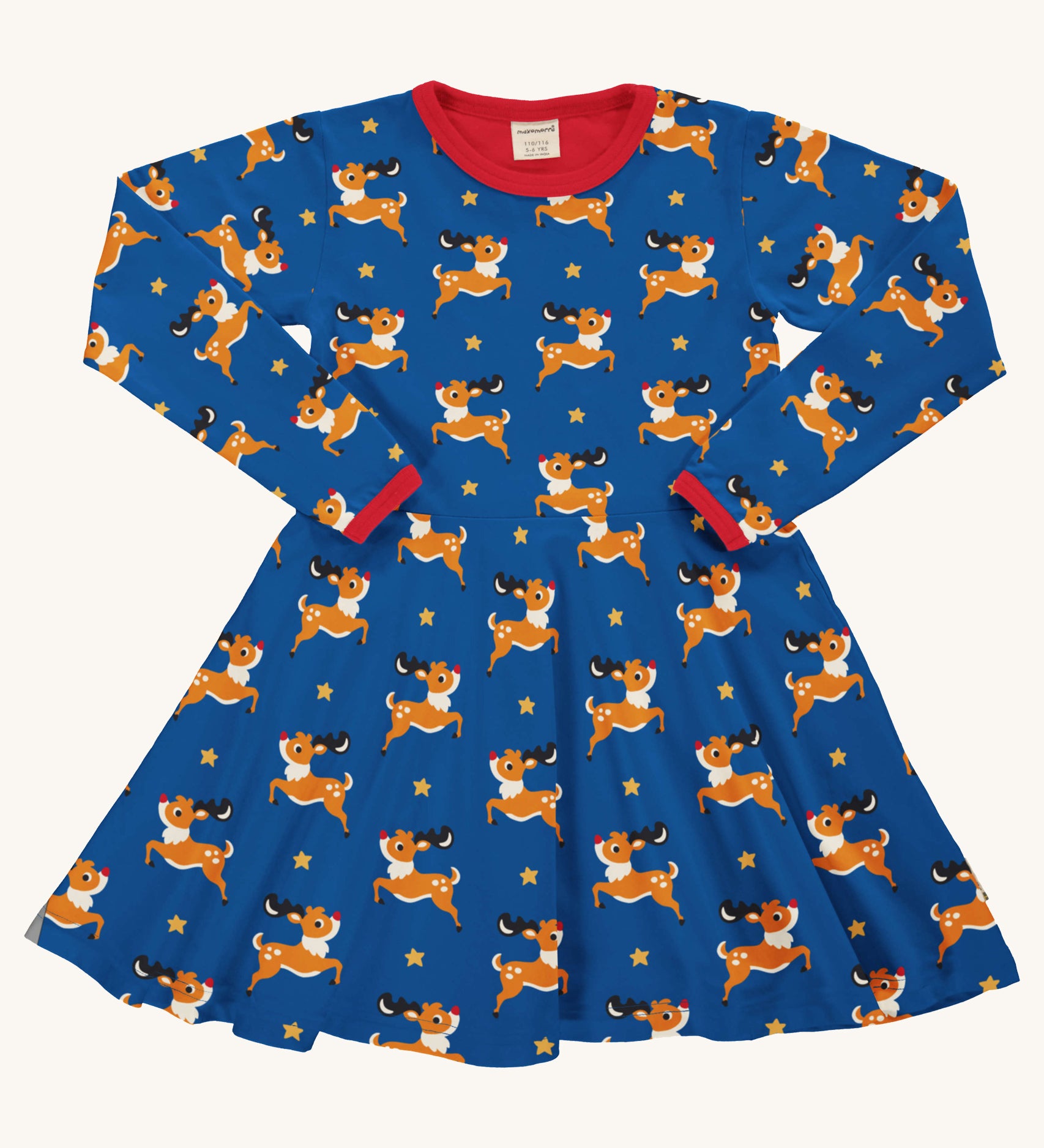 Maxomorra Reindeer Long Sleeve Circle Dress on a plain background.