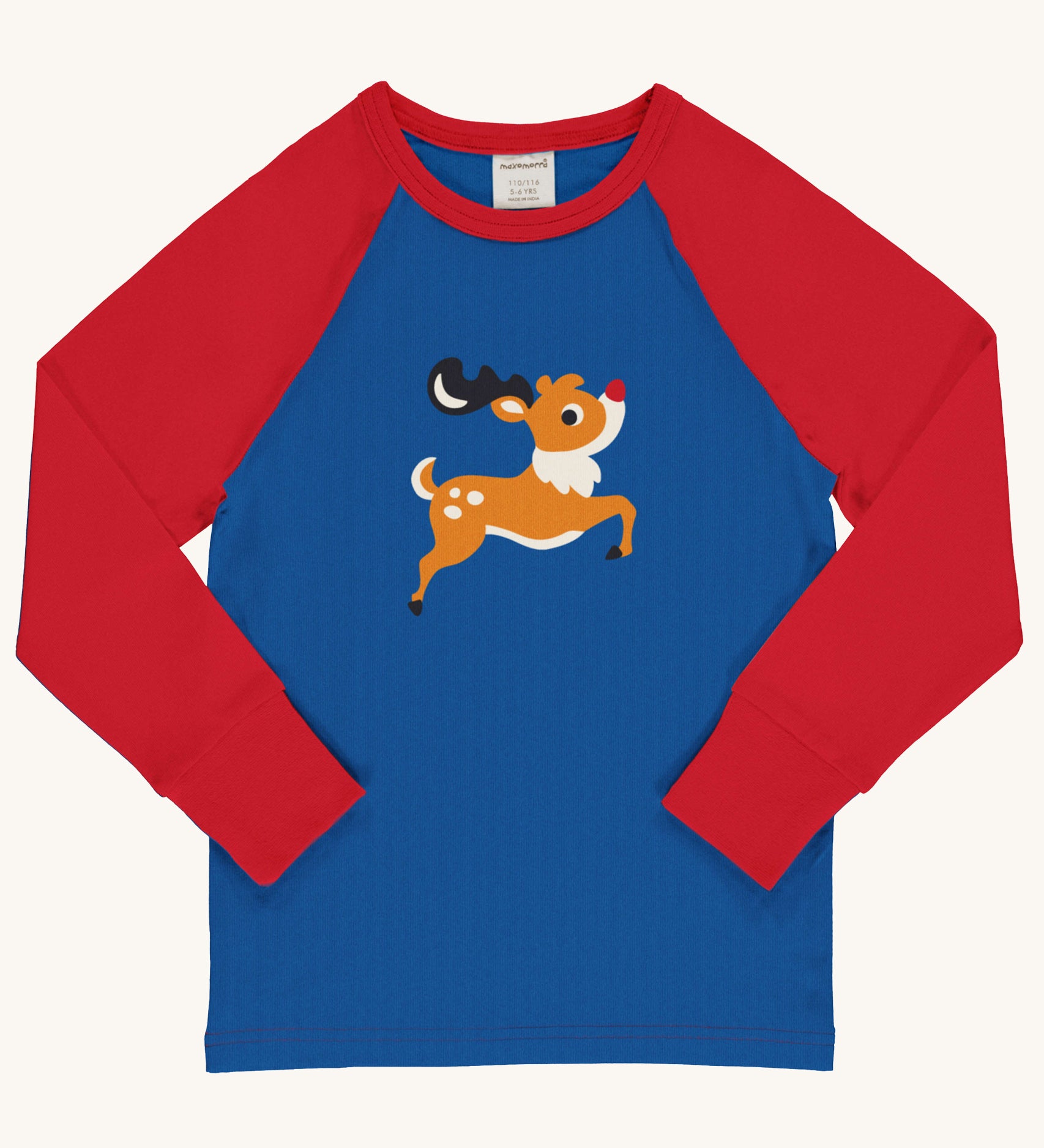 Maxomorra Reindeer Raglan Long Sleeve Top on a plain background.