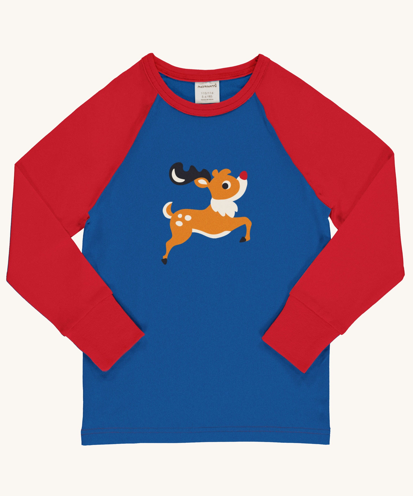 Maxomorra Reindeer Raglan Long Sleeve Top on a plain background.