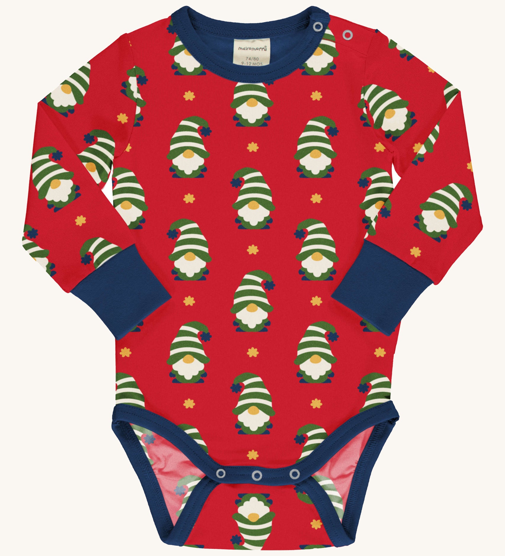 Maxomorra Swedish Santa Long Sleeve Bodysuit on a plain background. 