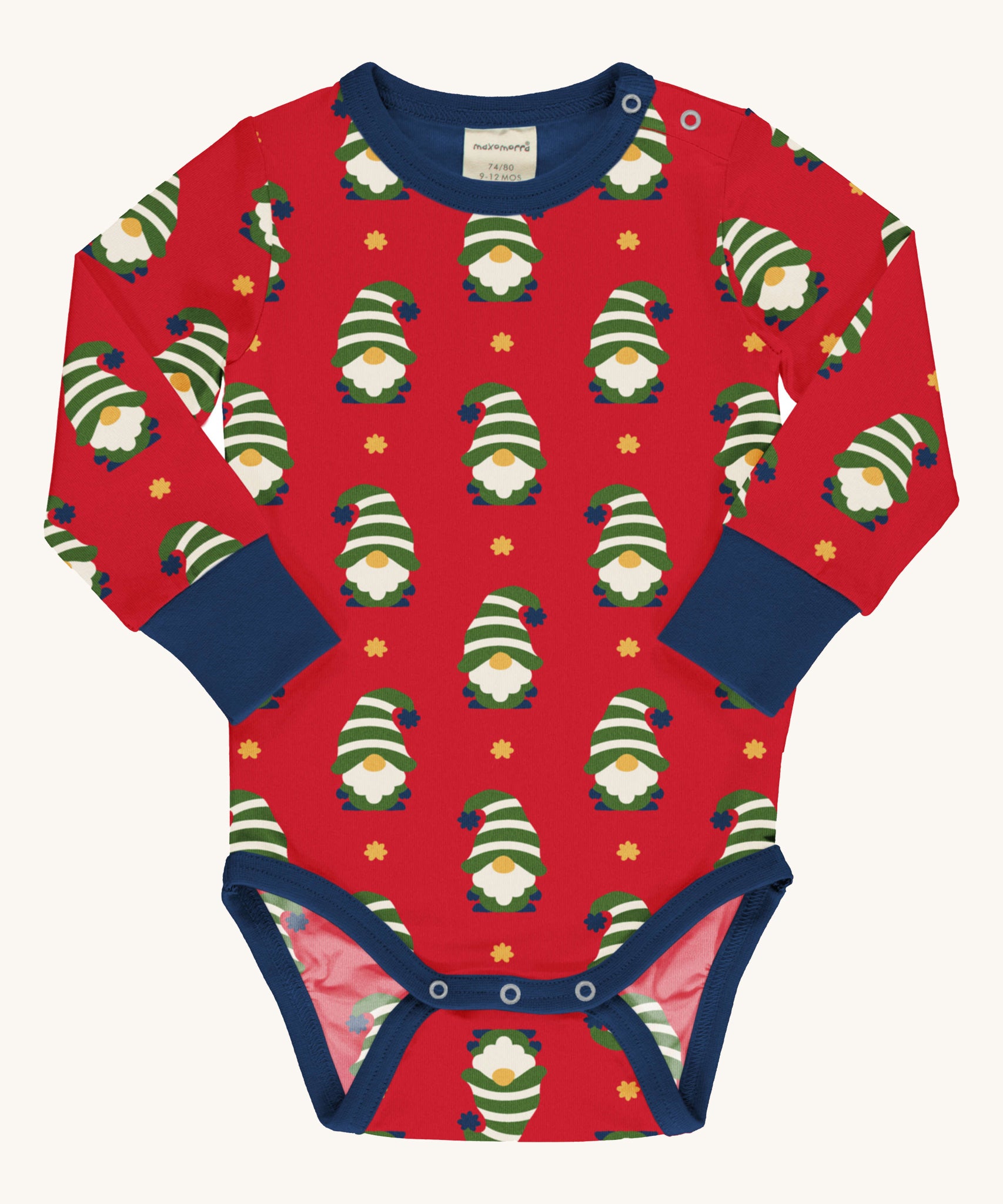 Maxomorra Swedish Santa Long Sleeve Bodysuit on a plain background. 