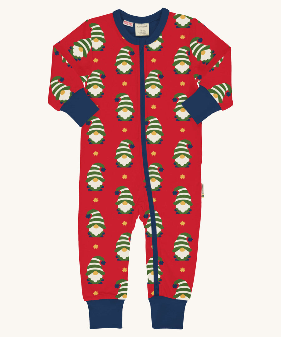 Maxomorra Swedish Santa festive long sleeved zipped rompersuit on  plain background. 