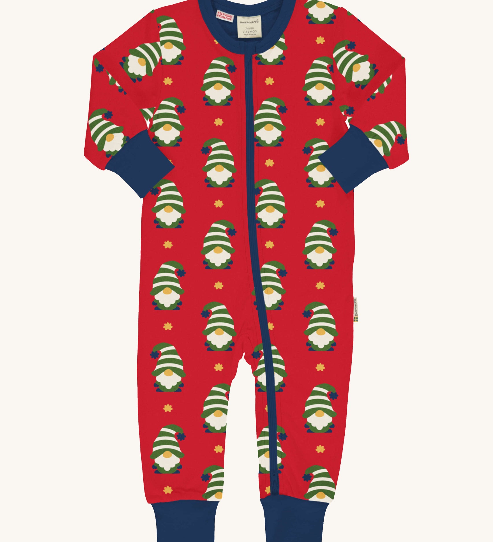 Maxomorra Swedish Santa festive long sleeved zipped rompersuit on  plain background. 