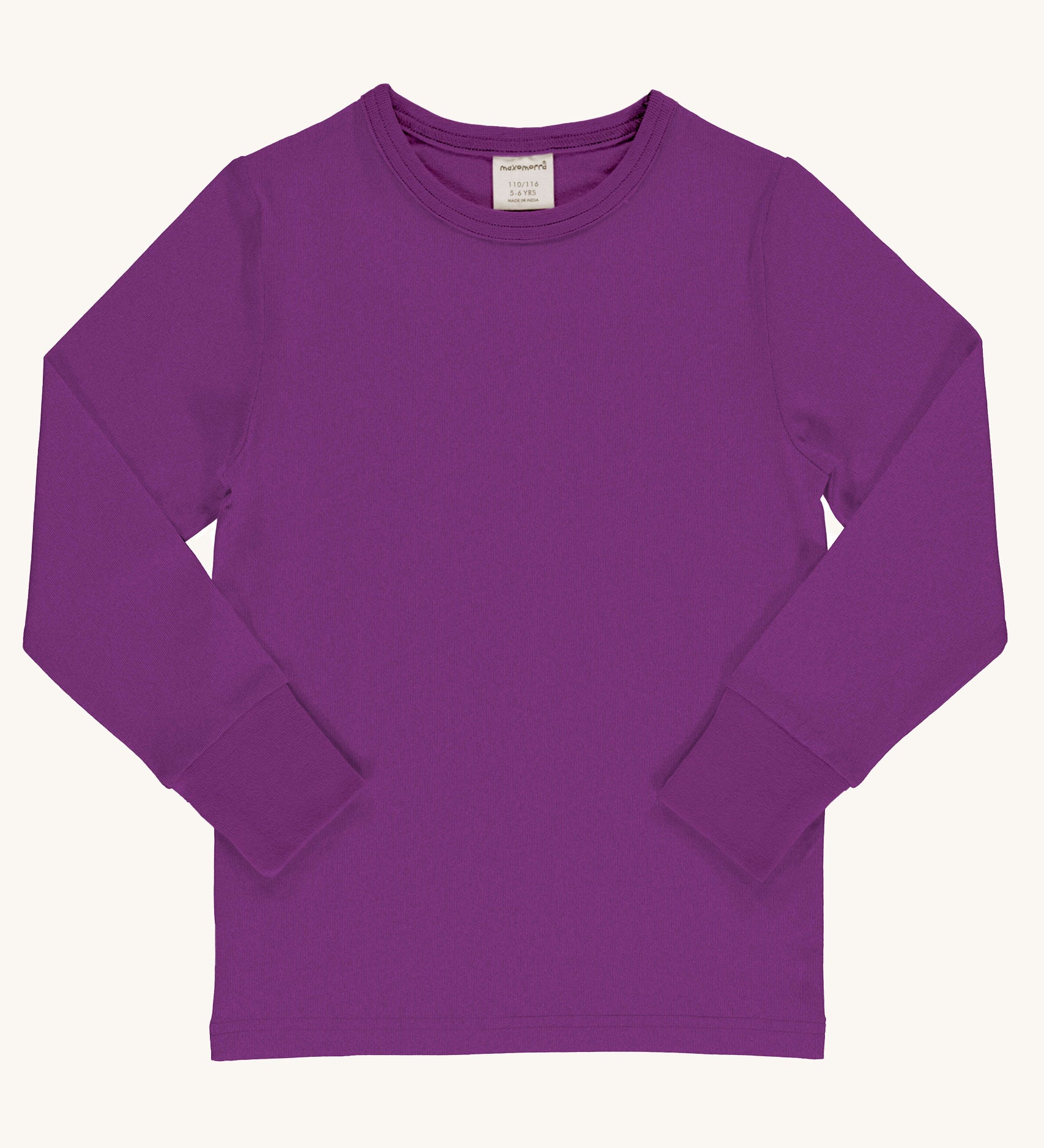 Maxomorra Solid Violet purple colour organic cotton Long Sleeve Top on a plain background. 