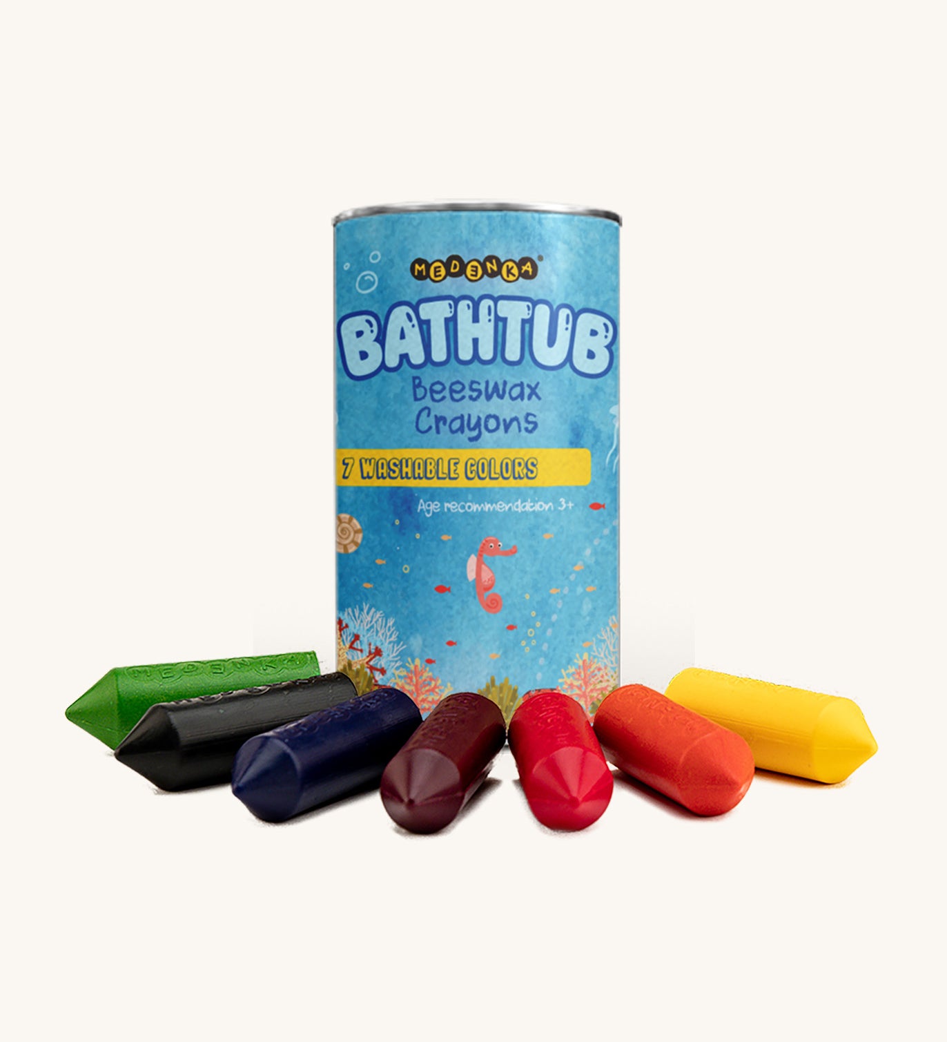 The Medenka beeswax washable bathtub crayons, with their recyclable cardboard packaging. 