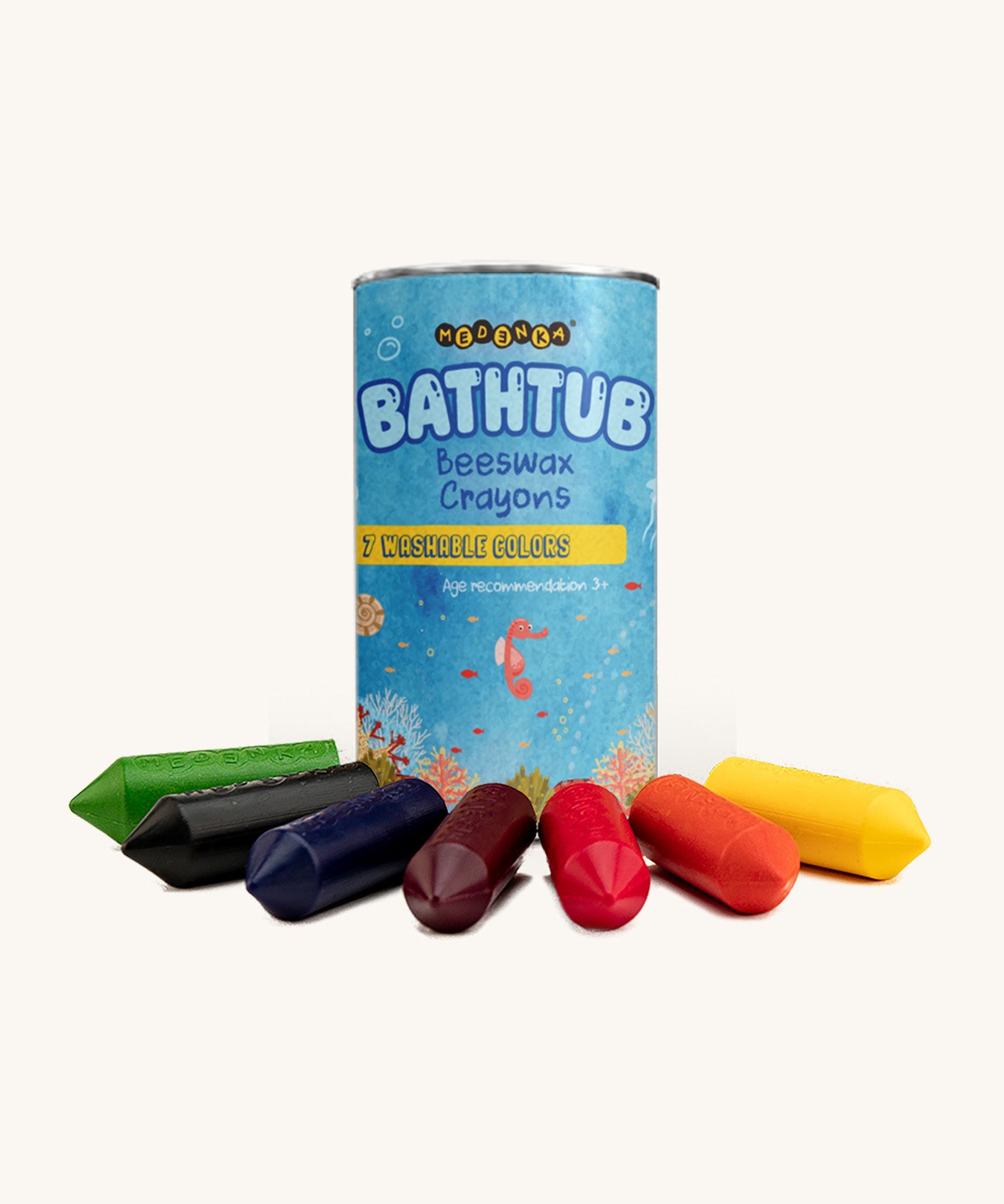 The Medenka beeswax washable bathtub crayons, with their recyclable cardboard packaging. 