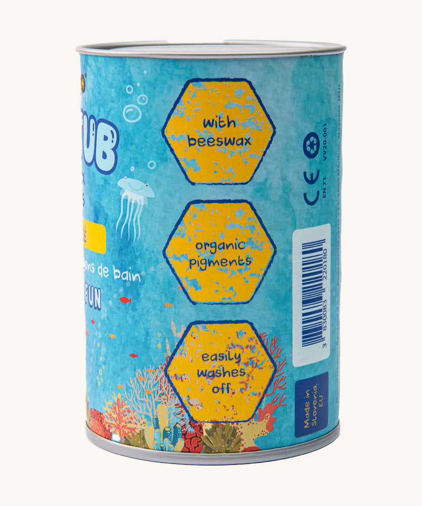 A closeup of the side of the Medenka bath crayons box, that reads "with beeswax, organic pigments, easily washes off". 