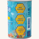 A closeup of the side of the Medenka bath crayons box, that reads "with beeswax, organic pigments, easily washes off". 