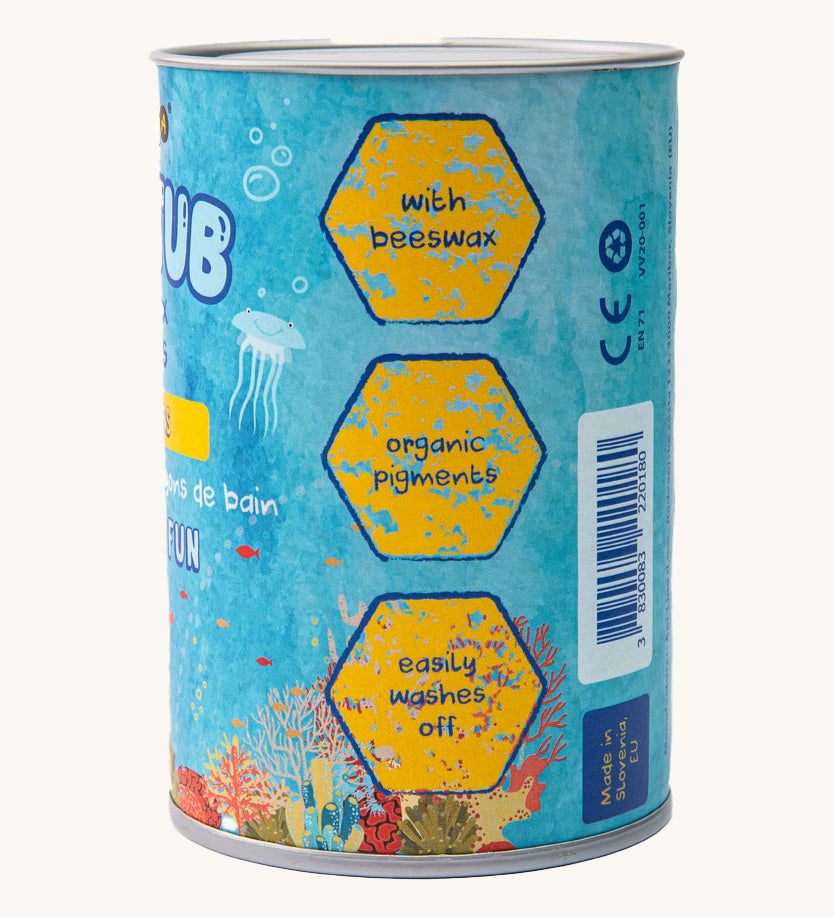 A closeup of the side of the Medenka bath crayons box, that reads "with beeswax, organic pigments, easily washes off". 