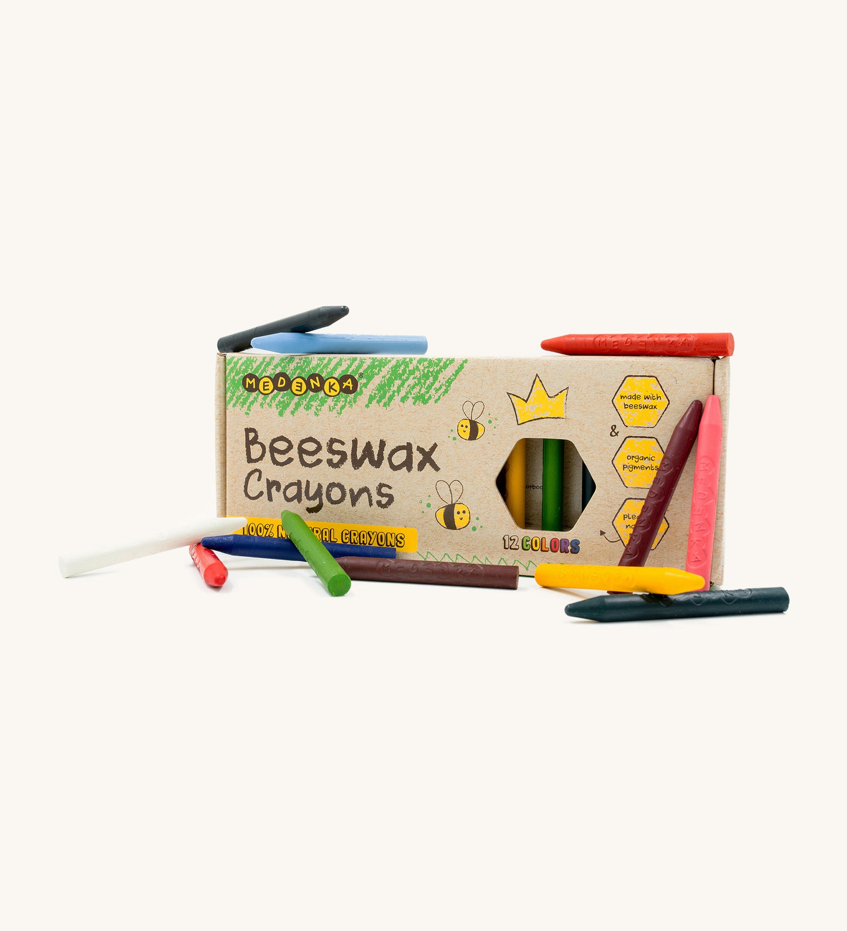 All 12 of the Medenka beeswax crayon colours displayed next to the box. 