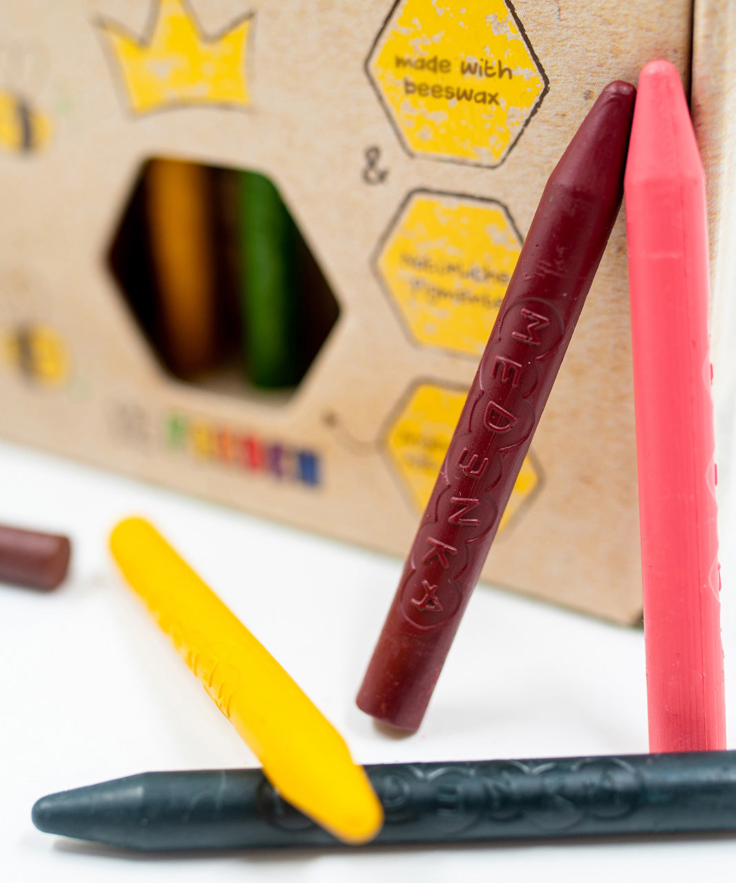 A closeup of the Medenka beeswax crayons, with no wrapper around the crayons for a sensory experience.