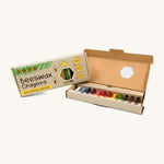 The opened box for the Medenka 12 pack of beeswax crayons, showing them in rainbow order.