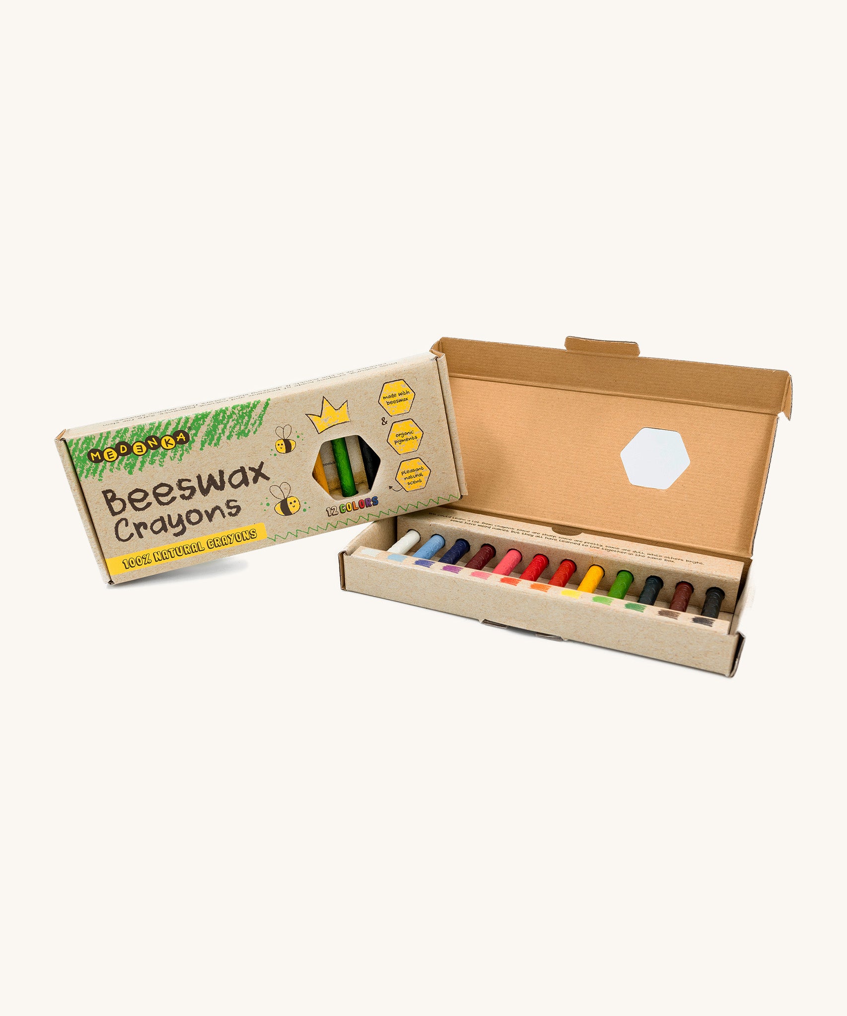 The opened box for the Medenka 12 pack of beeswax crayons, showing them in rainbow order.