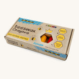 The Medenka junior crayons, made from 100% natural beeswax, in a cardboard box.