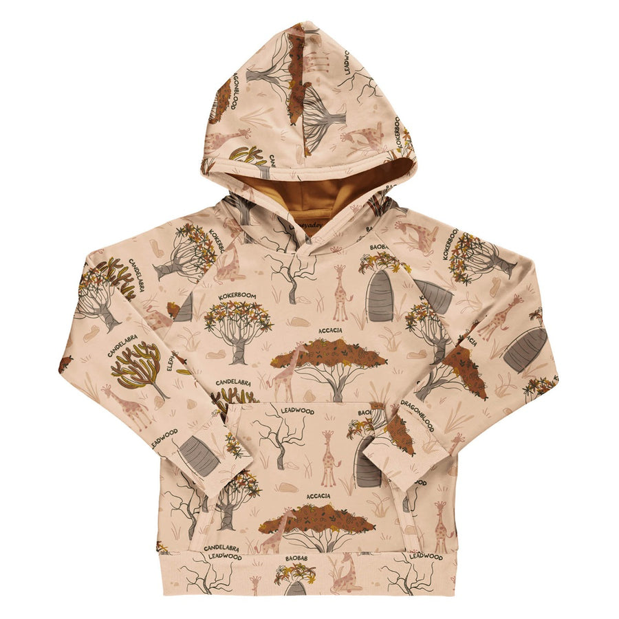 Meyadey Savanna Woodland organic adult hoodie in pale sand colour with Savannah tree images, giraffes and tree names repeat print.