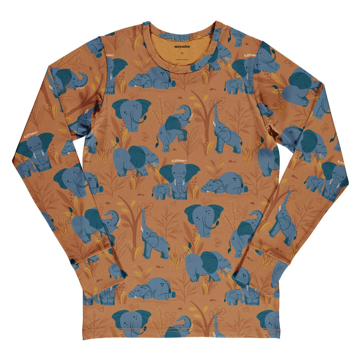 Meyadey Elephant Clan organic long sleeved top for adults in caramel brown with savannah and elephant repeat print.