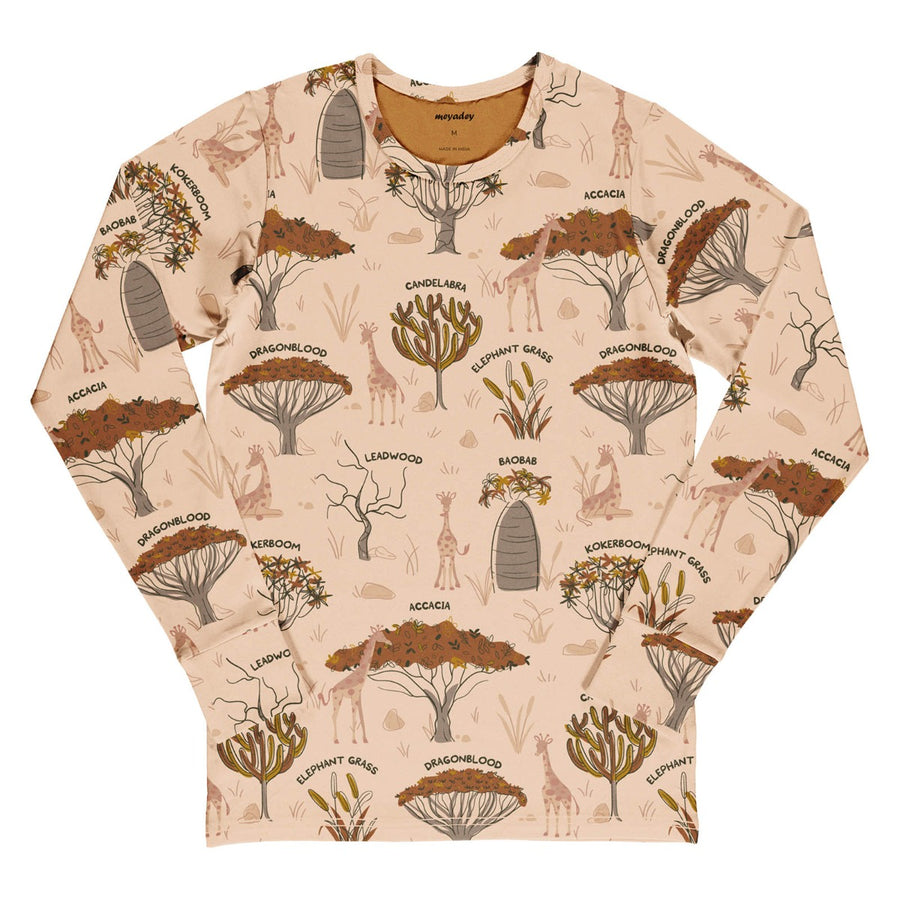 Meyadey Savanna Woodland organic adult long sleeved top in pale sand colour with Savannah tree images, giraffes and tree names repeat print.