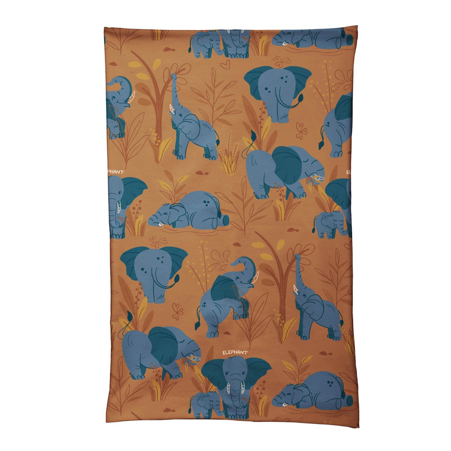 Mayday Elephant Clan, organic tube scarf for adults in caramel brown with savannah and elephant repeat print.