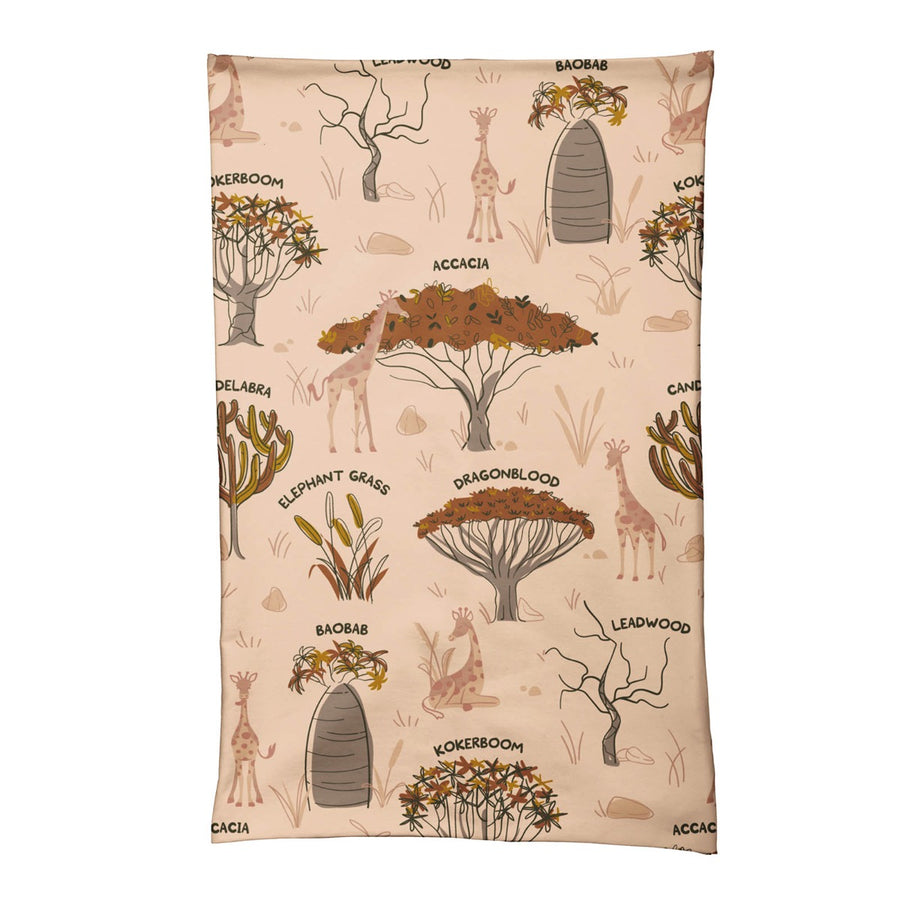 Meyadey Savanna Woodland organic adult tube scarf  in pale sand colour with Savannah tree images, giraffes and tree names repeat print.