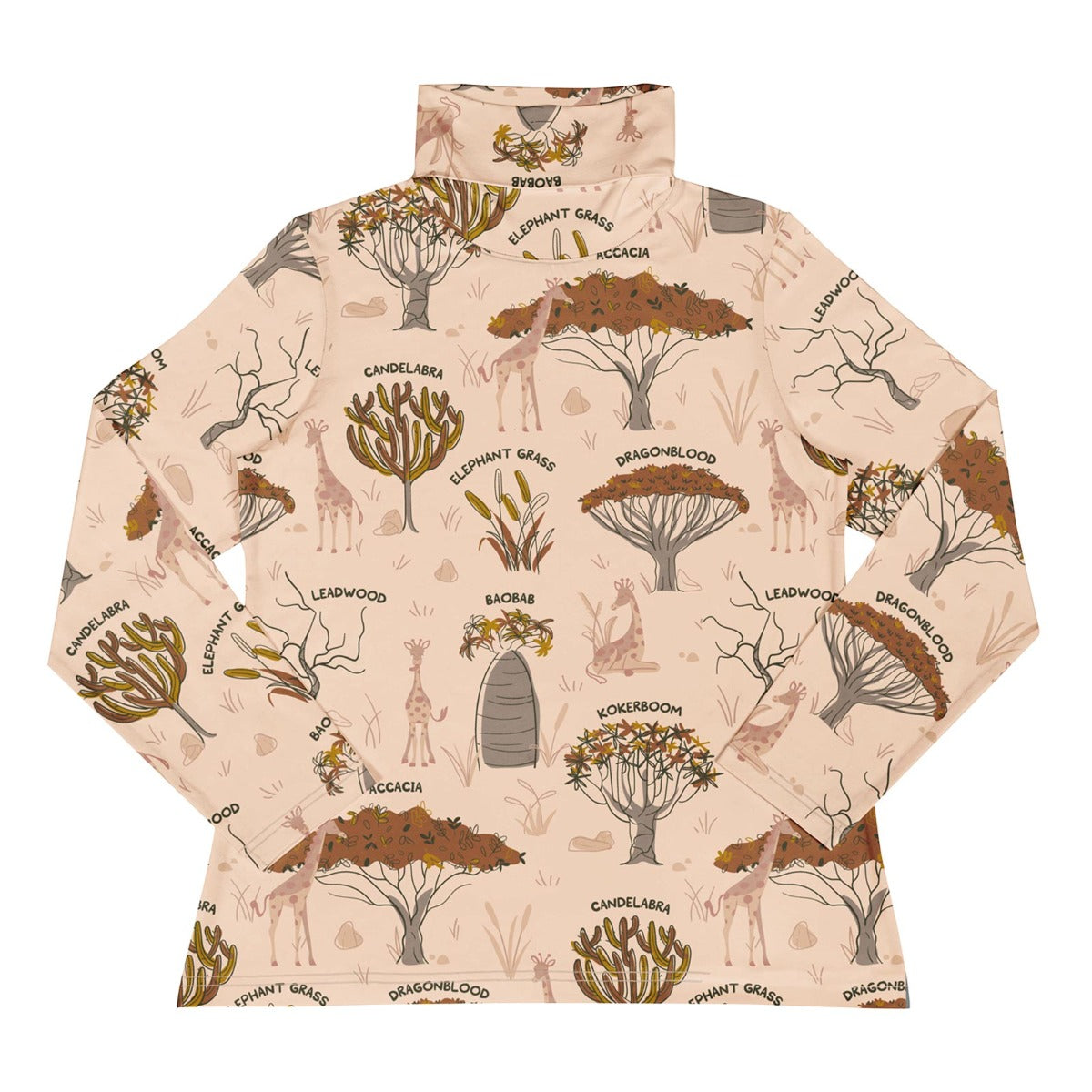 Meyadey Savanna Woodland organic adult turtle neck top in pale sand colour with Savannah tree images, giraffes and tree names repeat print.