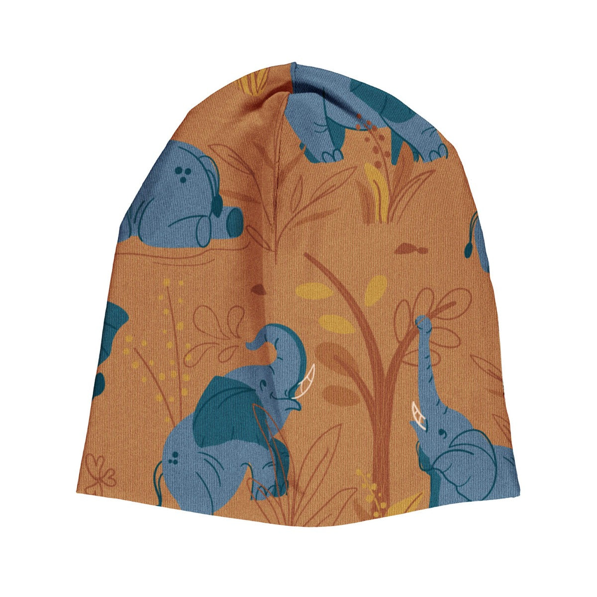 Meyadey Elephant Clan, organic hat in caramel brown with savannah and elephant repeat print.