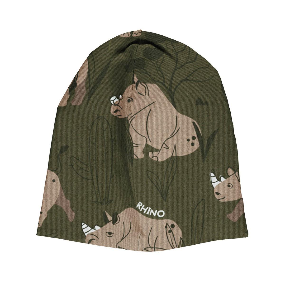 Meyadey Roaming Rhino, organic, hat in deep mossy green with detailed rhino and savannah plants print.