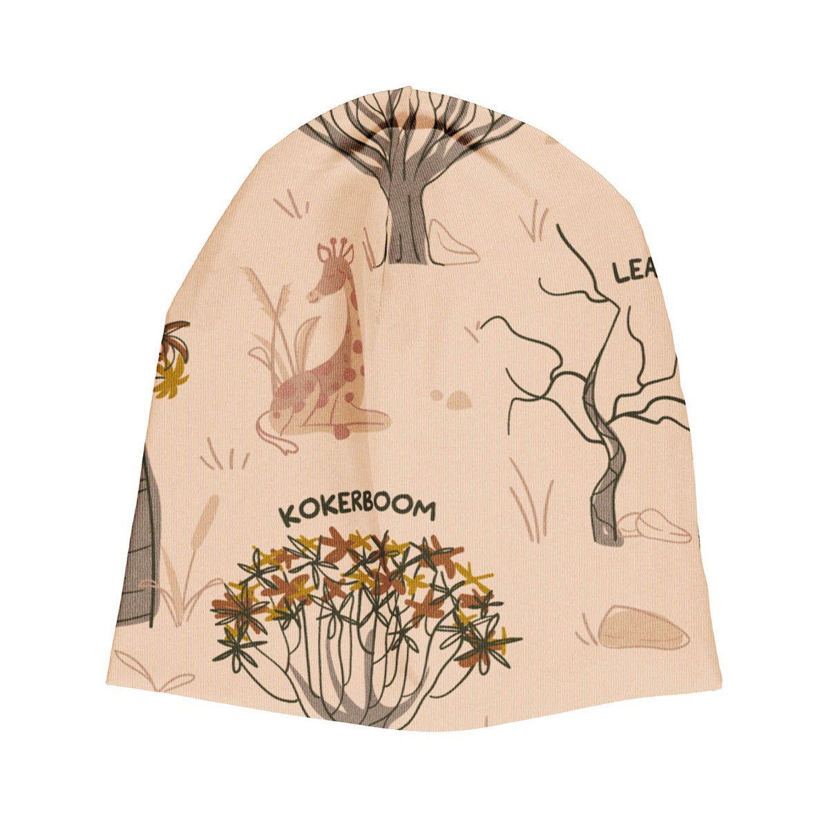 Meyadey Savanna Woodland organic beanie style hat in pale sand colour with Savannah tree images, giraffes and tree names repeat print.