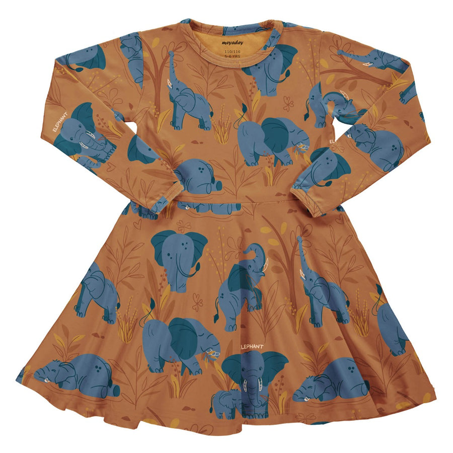 Meyadey Elephant Clan organic skater style dress in caramel brown with savannah and elephant repeat print.