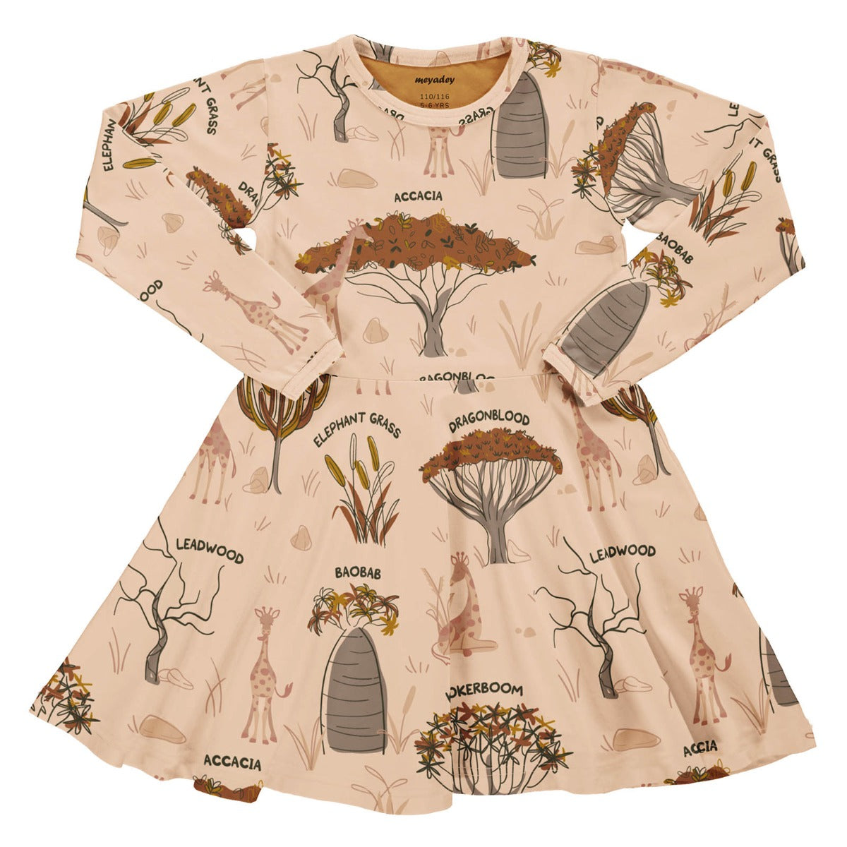 MEyadey Savanna Woodland organic skater style dress in pale sand colour with Savanna tree images, giraffes and tree names repeat print.