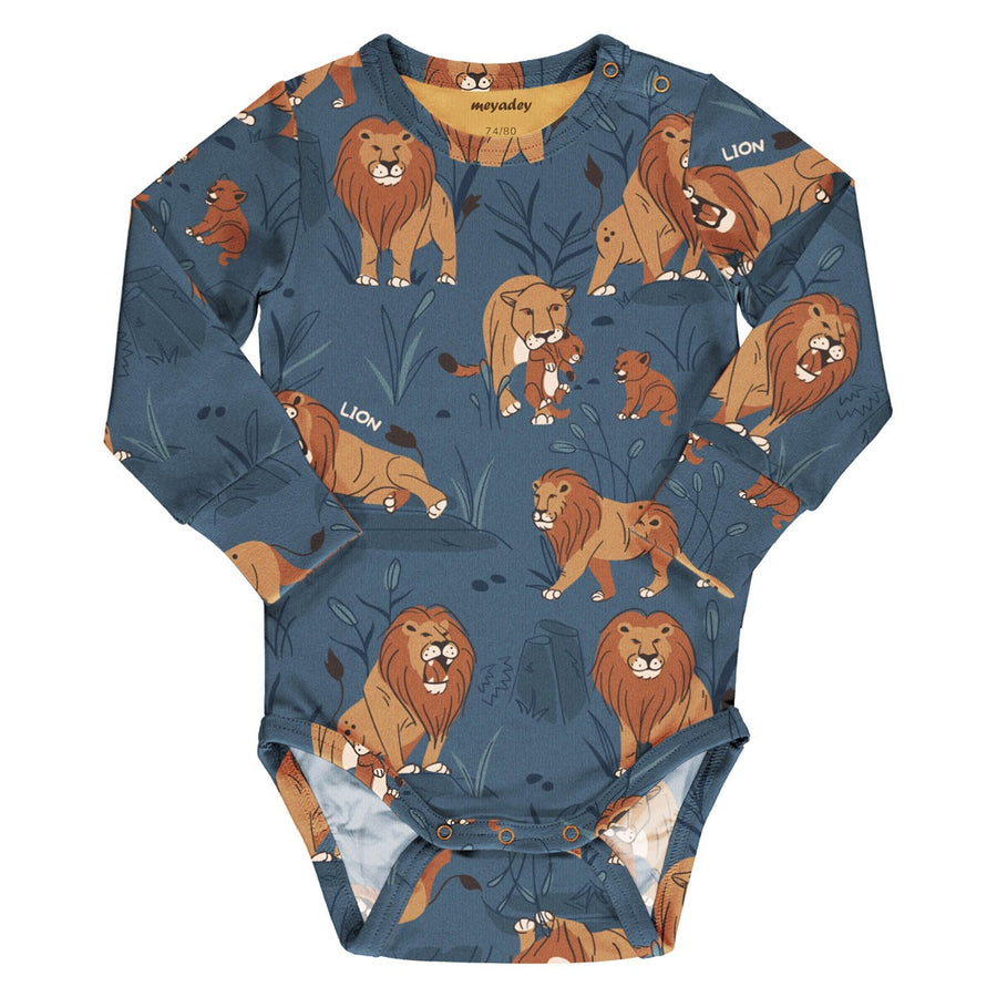 Meyadey kid's organic cotton long sleeve bodysuit in the Lion Legacy print on a white background